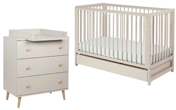 YOONCO - łóżeczko drewniane Timio z szufladą + komoda z przewijakiem | Beż