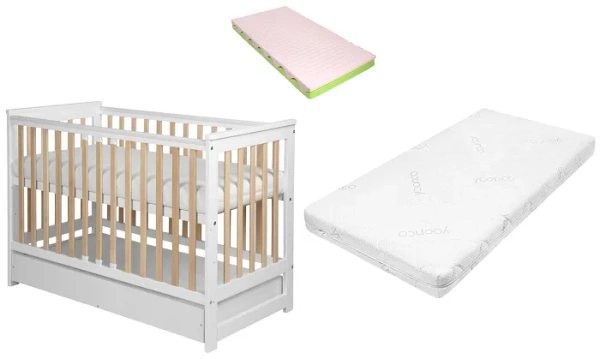 YOONCO - łóżeczko drewniane Iwi z szufladą i barierką + materac Wave | Białe-Buk