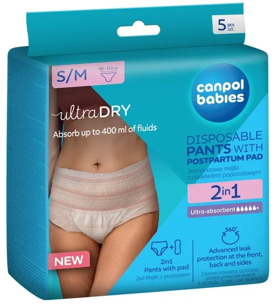 CANPOL BABIES - ultrachłonne jednorazowe majtki poporodowe 2w1 z podkładem 5 szt. | S/M