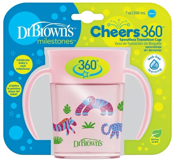 DR BROWN'S Cheers 360° - kubek "picie jak ze szklanki" 200 ml, 6 m+ | Różowy