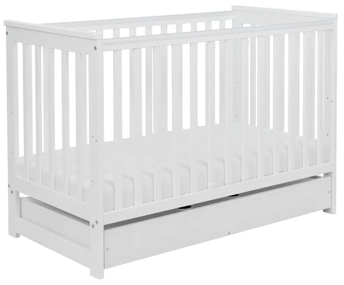 YOONCO - łóżeczko drewniane Iwi z szufladą i barierką + materac Wave | Białe