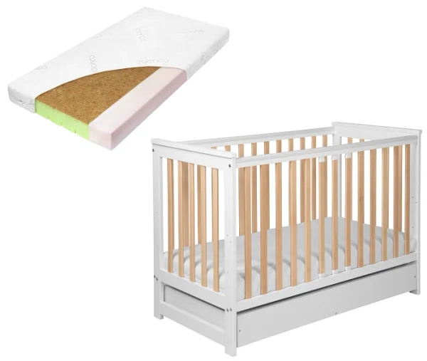 YOONCO - łóżeczko drewniane Iwi z szufladą i barierką + materac Nature | Białe-Buk