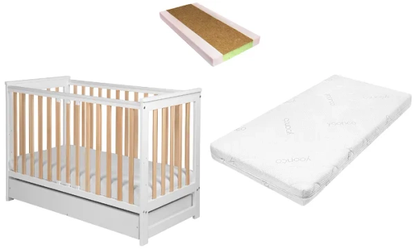 YOONCO - łóżeczko drewniane Iwi z szufladą i barierką + materac Nature | Białe-Buk