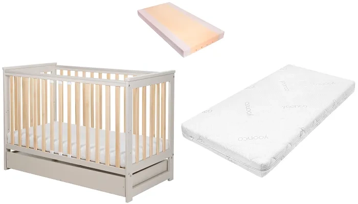 YOONCO - łóżeczko drewniane Iwi z szufladą i barierką + materac Air | Beż-Buk