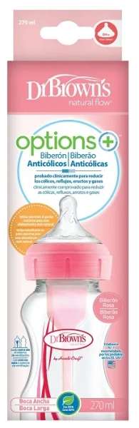 DR BROWN'S Options+ - antykolkowa, szeroka butelka 270 ml (0 m+) | Różowa