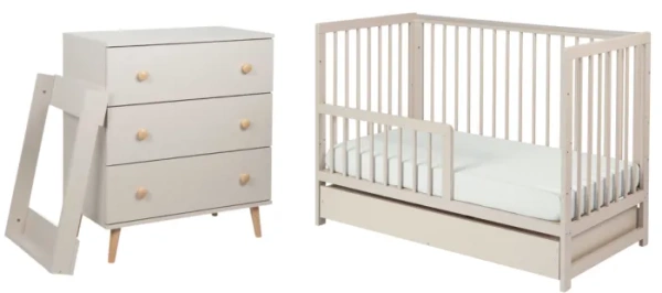 YOONCO - łóżeczko drewniane Timio z szufladą + komoda z przewijakiem | Beż