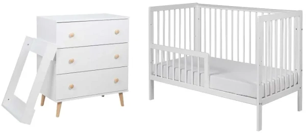 YOONCO - łóżeczko drewniane Timio + komoda z przewijakiem | Białe