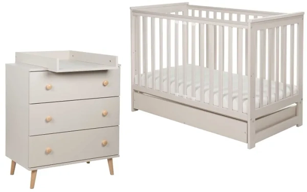 YOONCO - łóżeczko drewniane Iwi z szufladą + komoda z przewijakiem | Beżowe