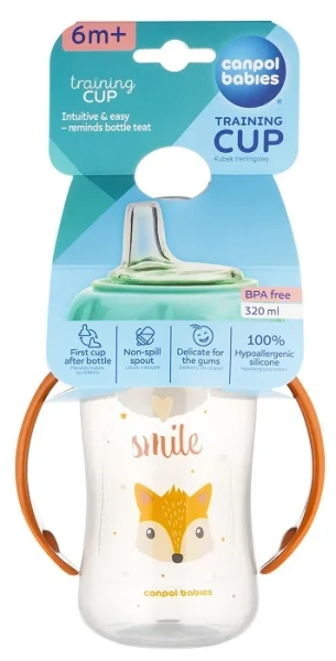 CANPOL BABIES - kubek treningowy ustnik silikonowy 320 ml | CUTE ANIMALS pomarańczowy