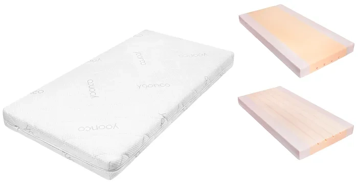 YOONCO - łóżeczko drewniane Iwi z szufladą i barierką + materac Air | Białe