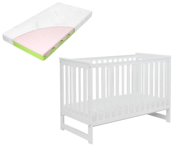 YOONCO - łóżeczko drewniane Iwi z barierką + materac Wave | Białe