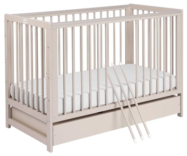 YOONCO - łóżeczko drewniane Timio z szufladą i barierką + materac Wave | Beżowe