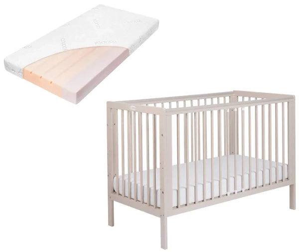 YOONCO - łóżeczko drewniane Timio z barierką + materac Air | Beżowe