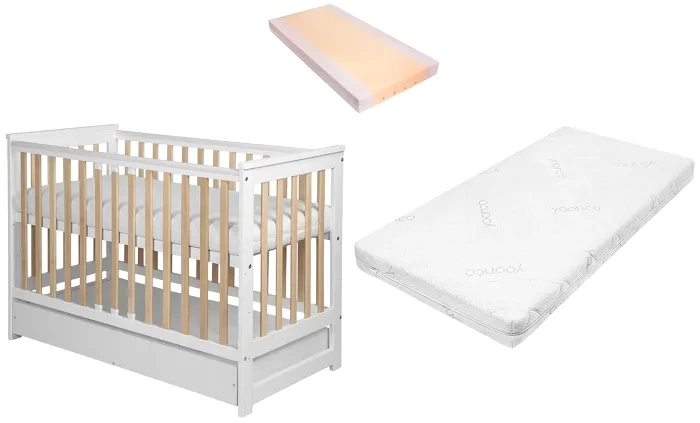 YOONCO - łóżeczko drewniane Iwi z szufladą i barierką + materac Air | Białe-Buk