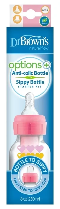 DR BROWN'S Options+ - antykolkowa, wąska butelka standard 250 ml ze smoczkiem i ustnikiem 6 m+ | Różowa