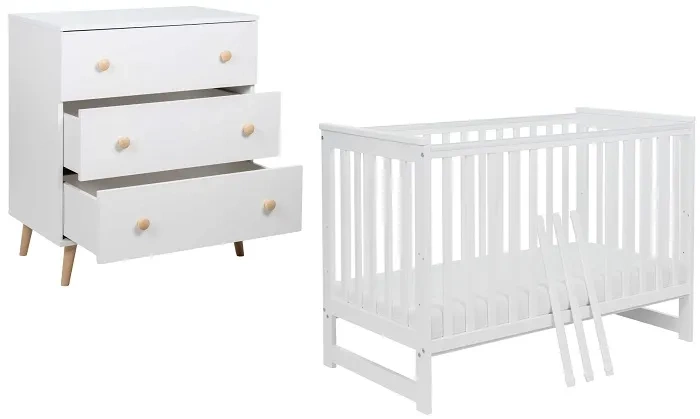 YOONCO - łóżeczko Iwi + komoda + przewijak miękki Sarenka | Białe