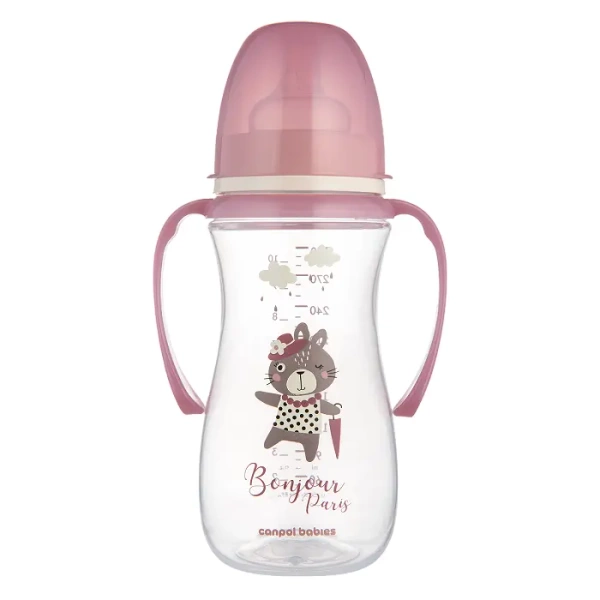 CANPOL BABIES - butelka antykolkowa z uchwytami 300 ml PP EasyStart 12m+ | BONJOUR PARIS różowa