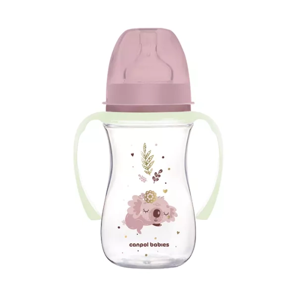 CANPOL BABIES - butelka szeroka antykolkowa ze świecącymi uchwytami PP EasyStart 240ml | Sleepy Koala różowa