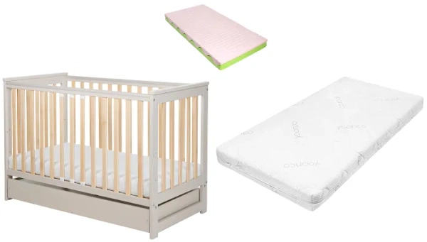 YOONCO - łóżeczko drewniane Iwi z szufladą i barierką + materac Wave | Beż-Buk