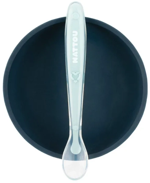 NATTOU - zestaw 2 naczyń silikonowych: miseczka + łyżeczka | Granatowy