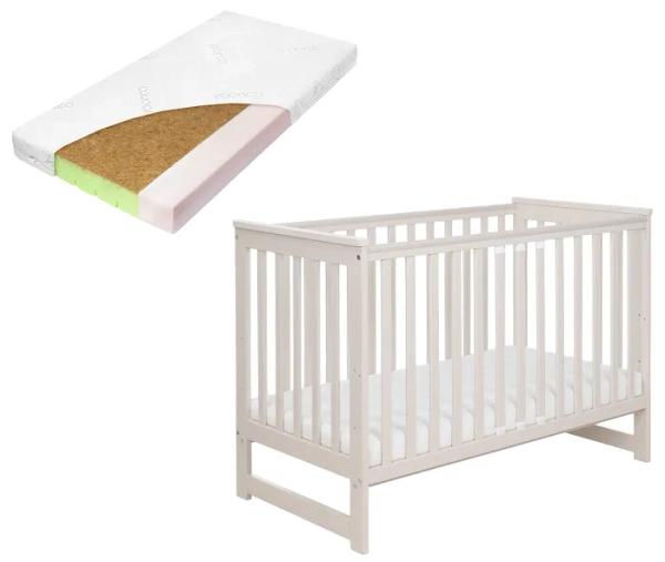 YOONCO - łóżeczko drewniane Iwi z barierką + materac Nature | Beżowe