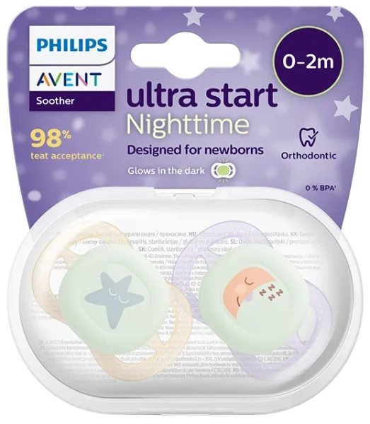 PHILIPS AVENT Ultra Start Nighttime - smoczek ortodontyczny 2 szt. | 0-2 m