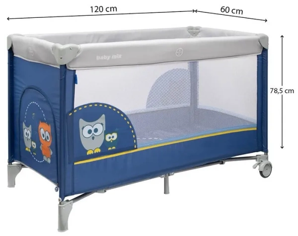 BABY MIX - łóżeczko turystyczne 1-poziomowe | Granatowe sowy