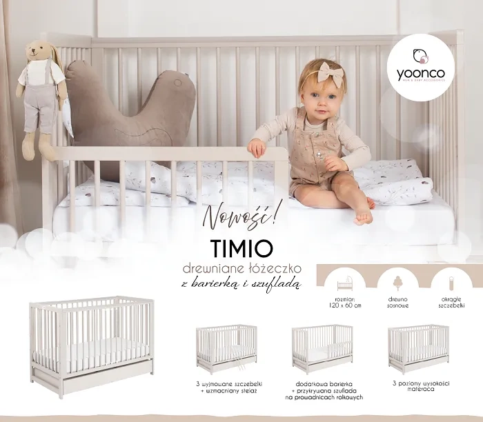 YOONCO - łóżeczko drewniane Timio z szufladą i barierką + materac Air | Beżowe
