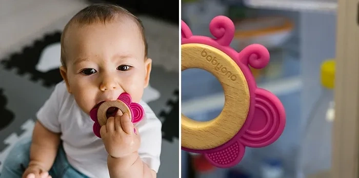 BABYONO - gryzak drewniano-silikonowy Butterfly | Różowy