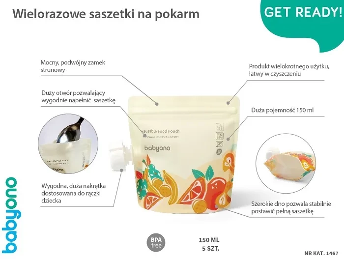 BABYONO - wielorazowe saszetki na mus, kaszkę, deserek | 5 szt.