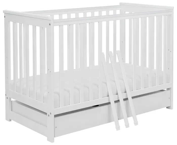 YOONCO - łóżeczko drewniane Iwi z szufladą i barierką + materac Wave | Białe