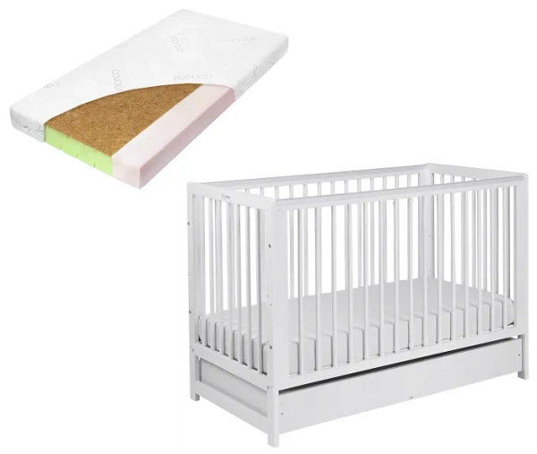 YOONCO - łóżeczko drewniane Timio z szufladą i barierką + materac Nature | Białe
