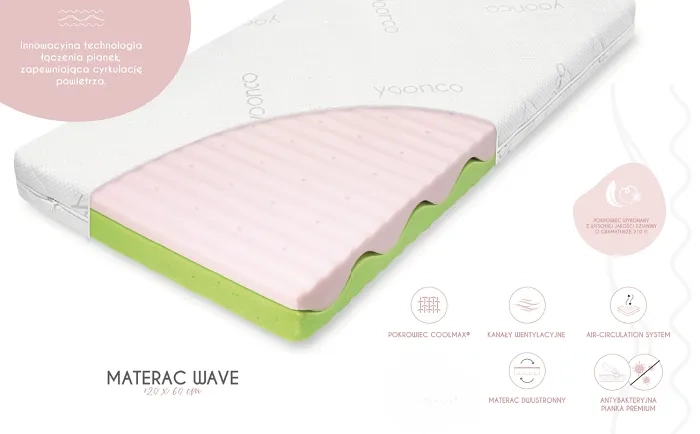 YOONCO - łóżeczko drewniane Timio z barierką + materac Wave | Beżowe