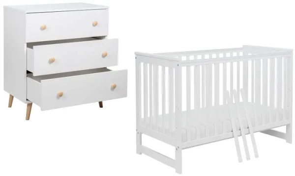 YOONCO - łóżeczko drewniane Iwi + komoda z przewijakiem | Białe