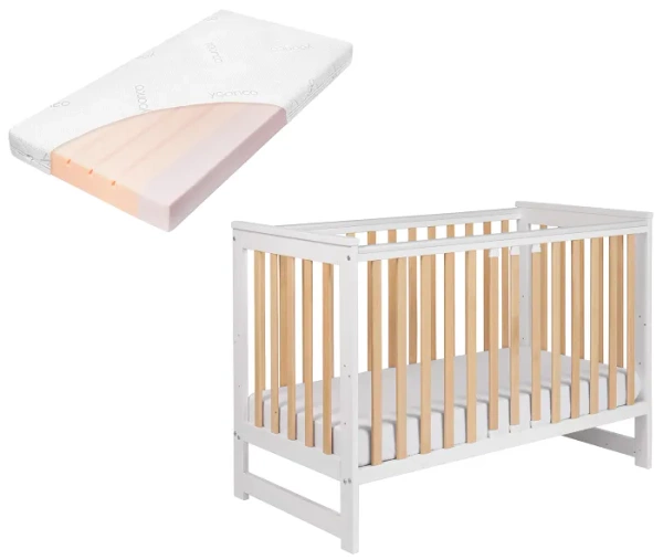 YOONCO - łóżeczko drewniane Iwi z barierką + materac Air | Białe-Buk