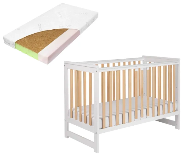 YOONCO - łóżeczko drewniane Iwi z barierką + materac Nature | Białe-Buk