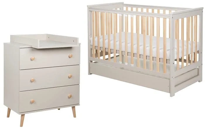 YOONCO - łóżeczko drewniane Iwi z szufladą + komoda z przewijakiem | Beż-Buk