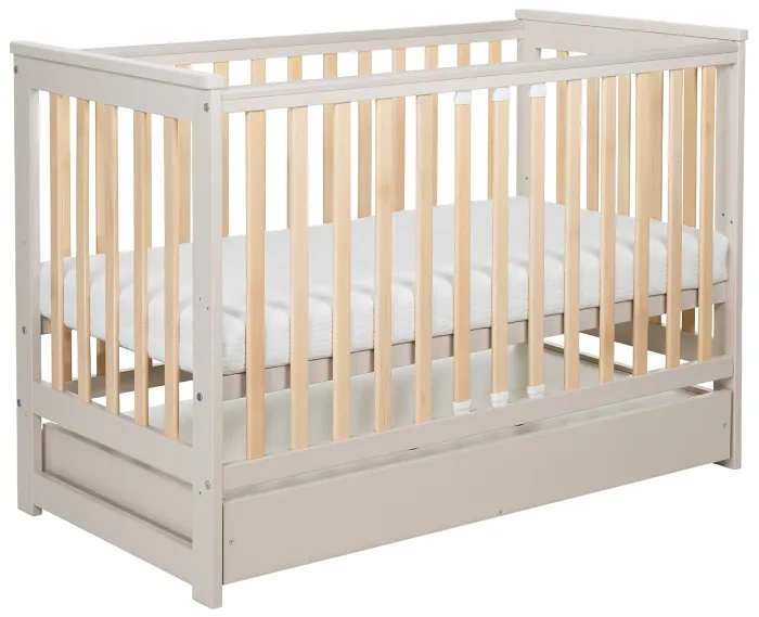 YOONCO - łóżeczko drewniane Iwi z szufladą i barierką + materac Nature | Beż-Buk