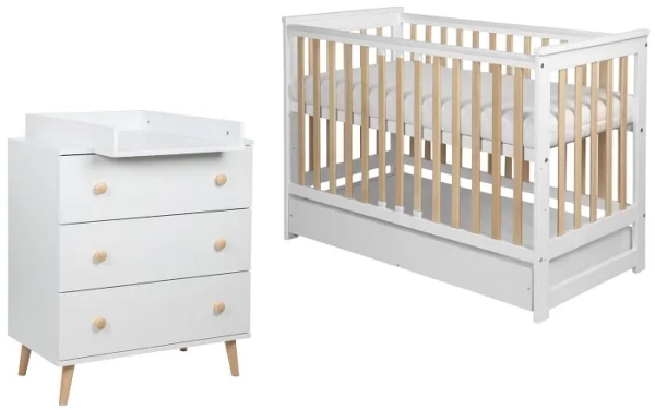 YOONCO - łóżeczko drewniane Iwi z szufladą + komoda z przewijakiem | Białe-Buk