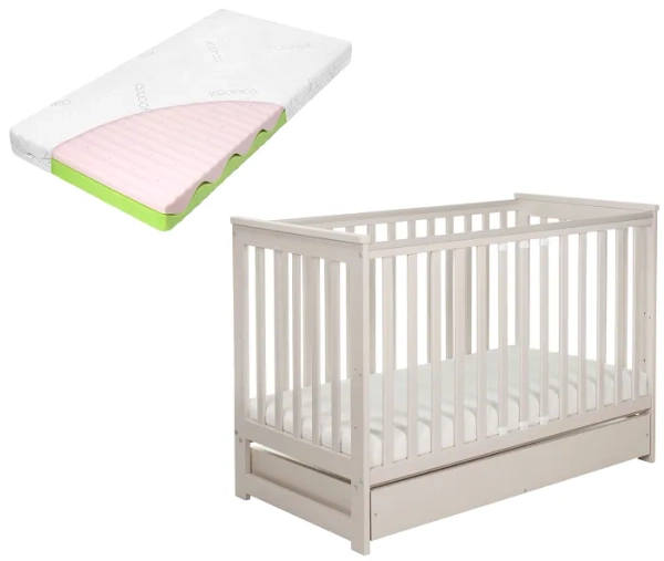 YOONCO - łóżeczko drewniane Iwi z szufladą i barierką + materac Wave | Beżowe