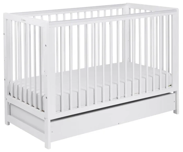 YOONCO - łóżeczko drewniane Timio z szufladą i barierką | Białe