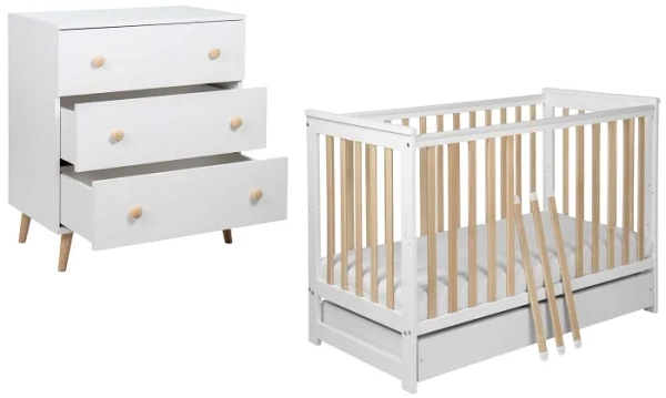 YOONCO - łóżeczko drewniane Iwi z szufladą + komoda z przewijakiem | Białe-Buk