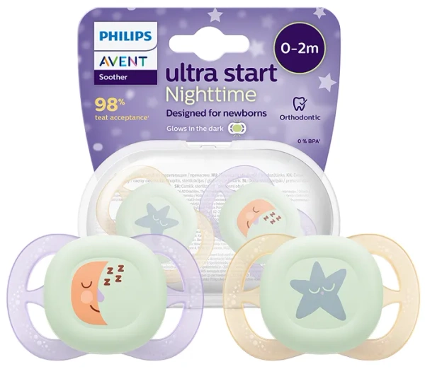 PHILIPS AVENT Ultra Start Nighttime - smoczek ortodontyczny 2 szt. | 0-2 m