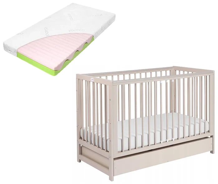 yoonco timio łóżeczko dziecięce niemowlęce z szufladą + materac wave