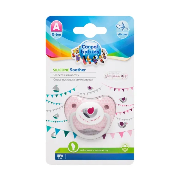 CANPOL BABIES - smoczek uspokajający silikonowy 0-6m anatomiczny LET'S CELEBRATE | różowy 1szt.