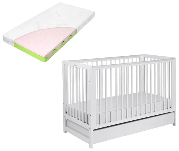 YOONCO - łóżeczko drewniane Timio z szufladą i barierką + materac Wave | Białe