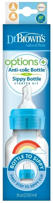 DR BROWN'S Options+ - antykolkowa, wąska butelka standard 250 ml ze smoczkiem i ustnikiem 6 m+ | Niebieska