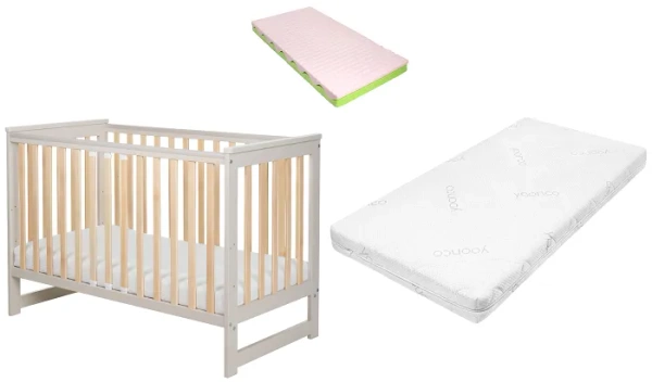 YOONCO - łóżeczko drewniane Iwi z barierką + materac Wave | Beż-Buk