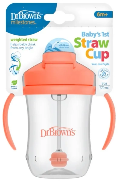 DR BROWN'S - kubek niekapek ze słomką 270 ml, 6 m+ | Koralowy