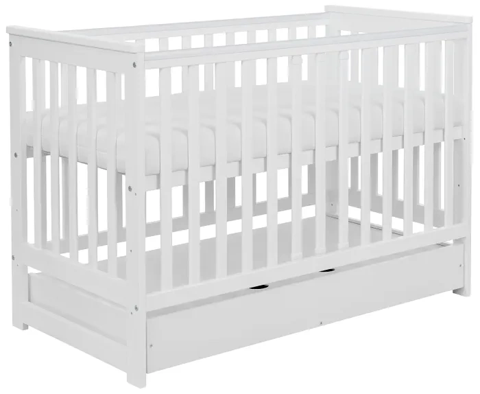 YOONCO - łóżeczko drewniane Iwi z szufladą i barierką + materac Wave | Białe